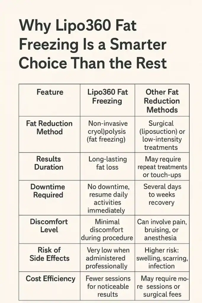 Is it possible to permanently freeze fat cells? 2 Table showing benefits of fat freezing to remove fat cells East Grinstead from Lipo 360