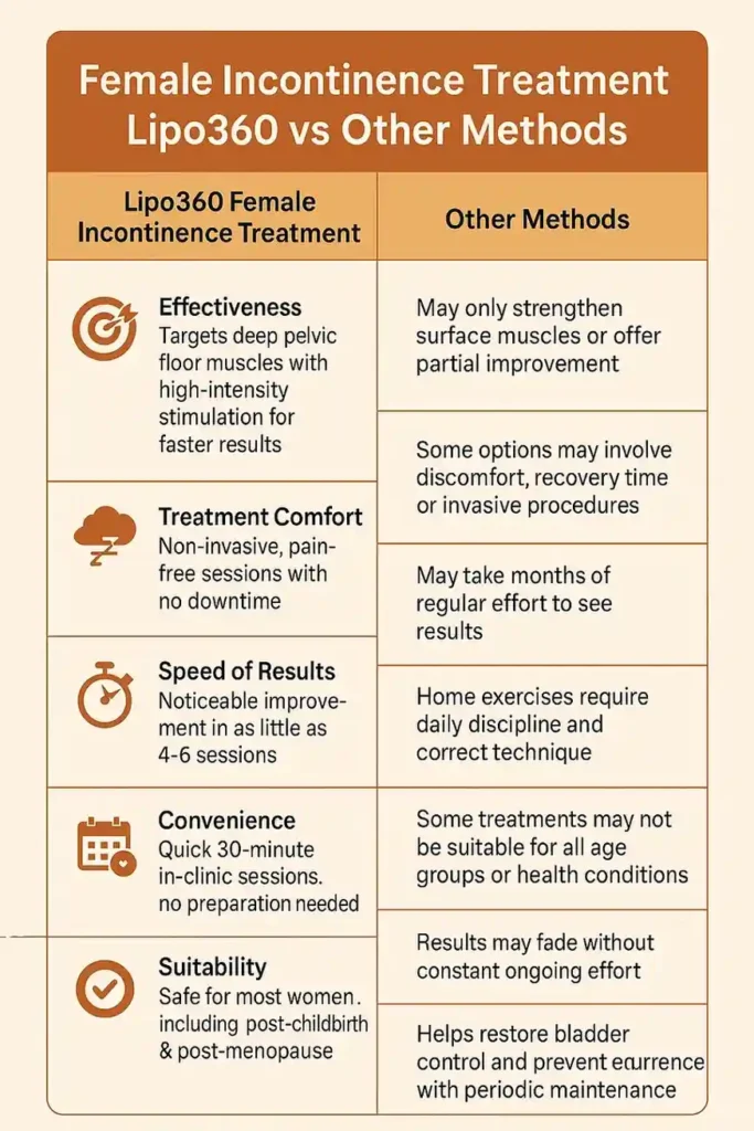 Comprehensive Guide To Female Incontinence Treatment Options 1 Table showing benefits of incontinence treatment East Grinstead